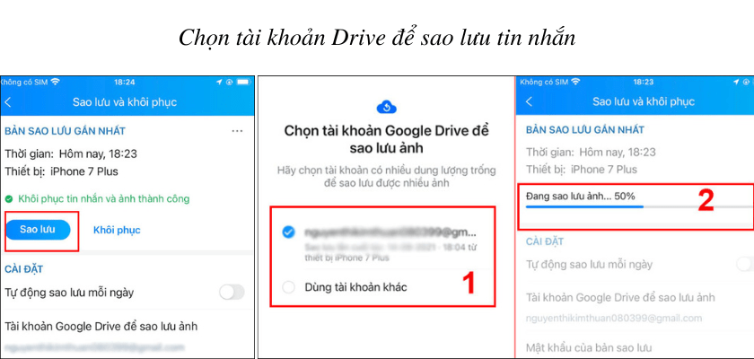 Chọn tài khoản Google Drive để sao lưu tin nhắn