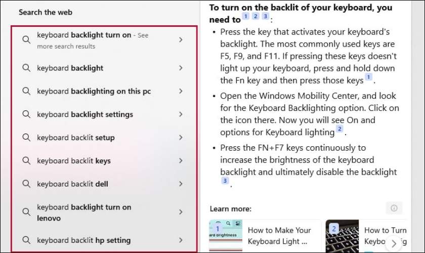 Các thiết lập về Keyboard backlit
